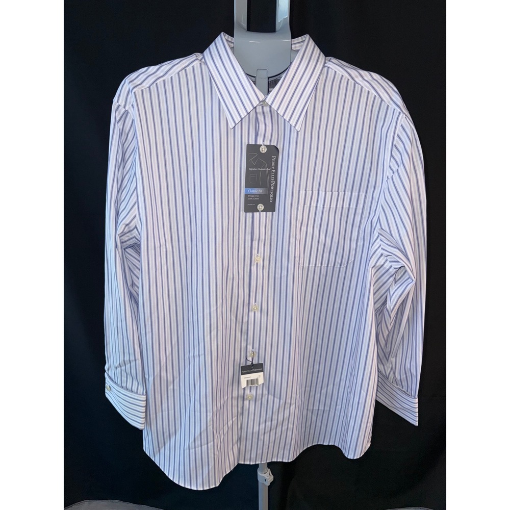 Perry Ellis Portfolio Mens Classic Fit Blue White Striped Dress Shirt 5DHE0043RT